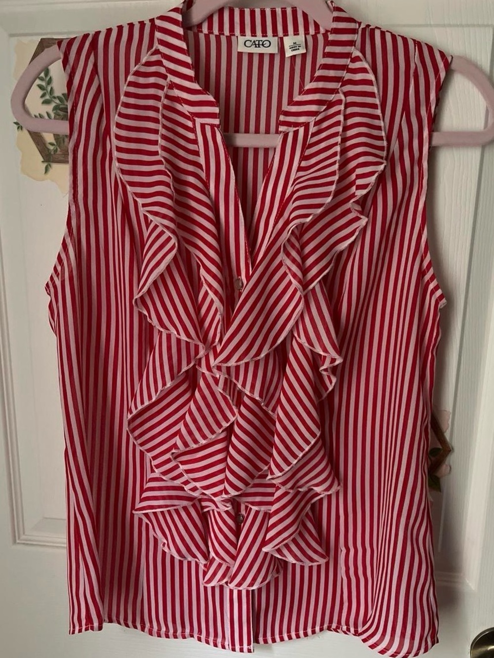 Cato Red and White Striped Ruffle Sleeveless Top
